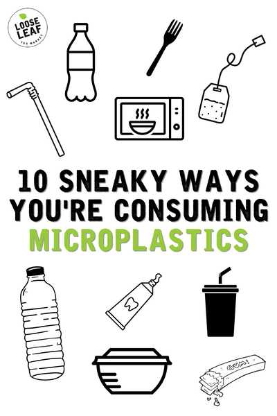 graphic with black and white images of the 10 most common ways you are eating microplastics