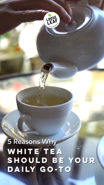Pouring white tea into a teacup.