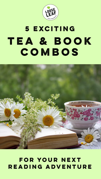 Tea cup with book and fresh flowers.