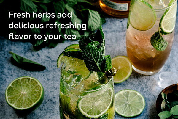 Iced tea with sparkling water and fresh mint.