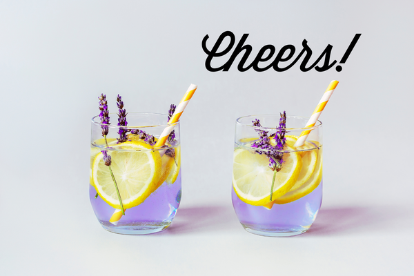 two glasses of lavender lemonade with dried lavender and fresh lemon slices