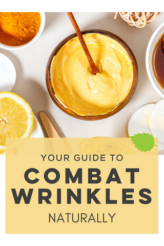 graphic with turmeric mask in bowl with fresh lemons and honey with text: your guide to combat wrinkles naturally