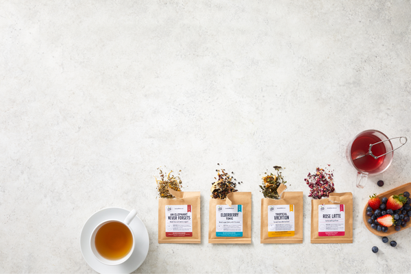 tea subscription box for natural energy; 4 teas laid out on a white marble kitchen table 