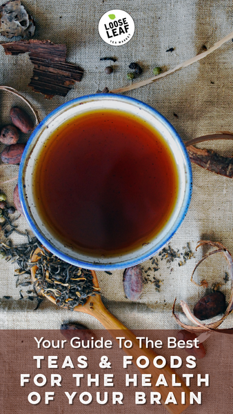 A cup of tea on a cloth with a wooden spoon and other spices, with text that reads Your Guide To The Best Tea and Foods For Your Brain.