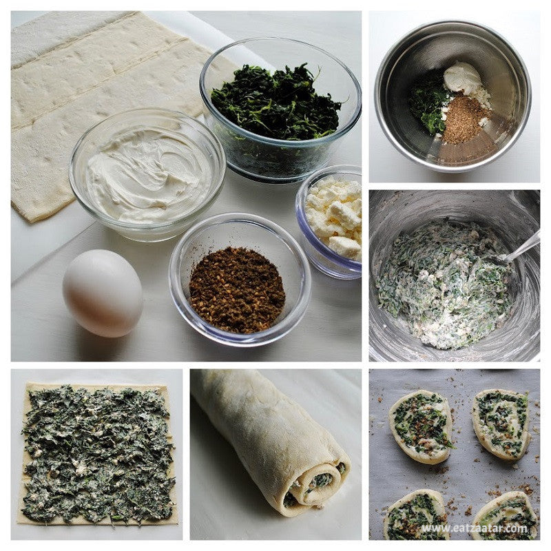 Creamy Spinach & Zaatar Pinwheels  - step one through step nine