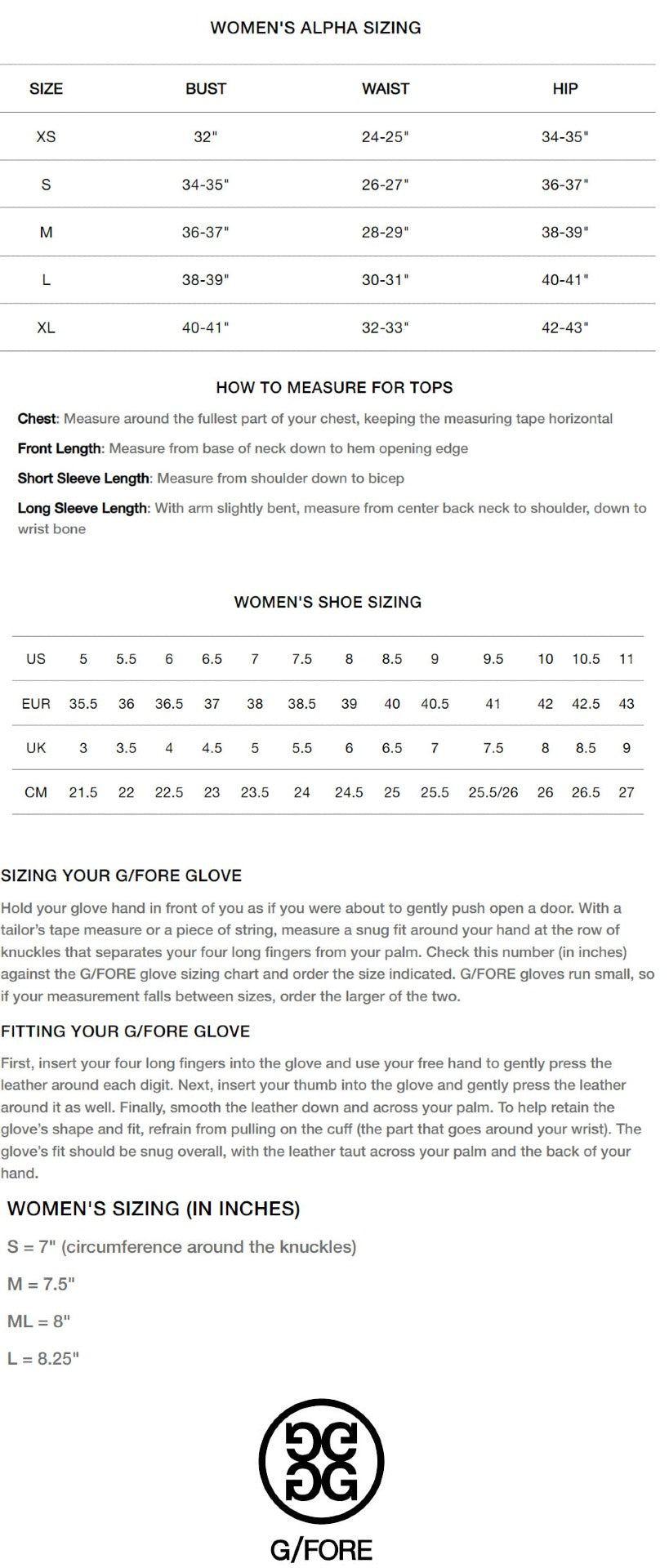 G/Fore Women's Size Guide