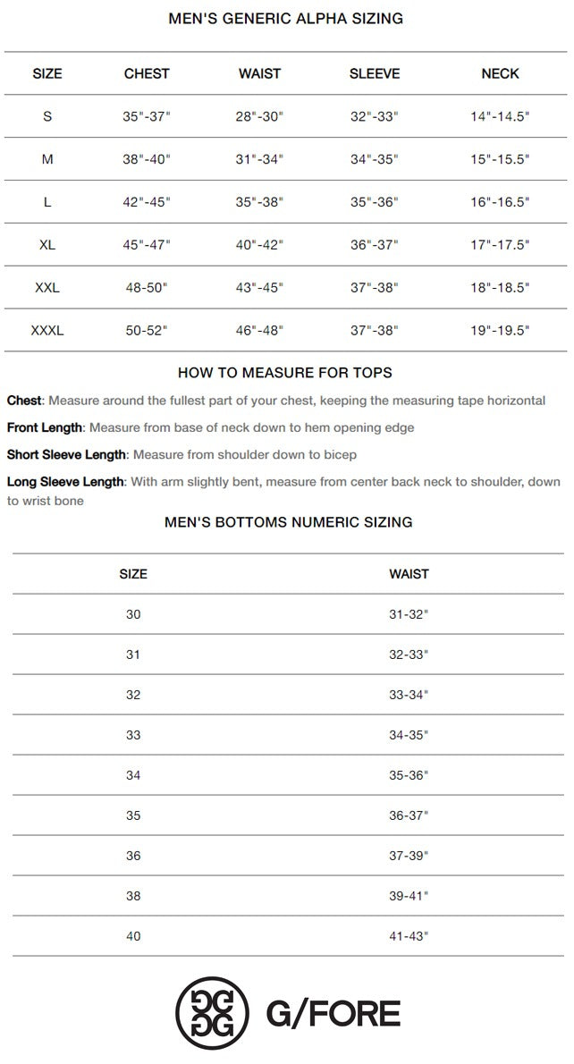 G/FORE Men's Outerwear Size Chart