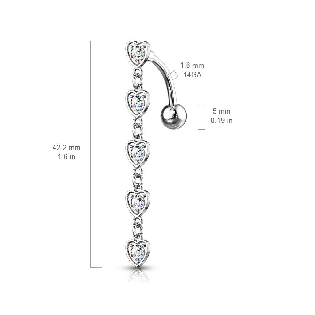 Chain of Hearts Reverse Belly Bar. 316L 