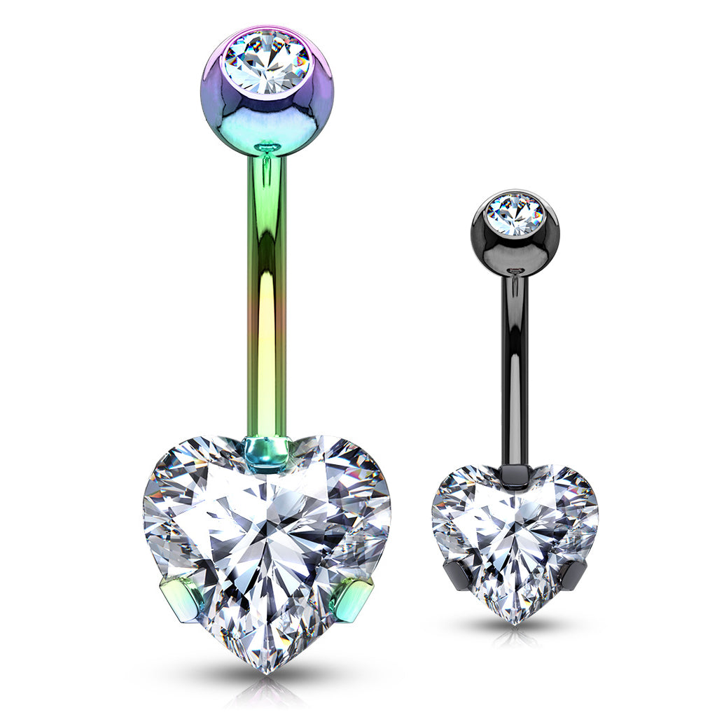 Ice Heart Solitaire with Metallic Titanium Plating - Fixed (non-dangle) Belly Bar. Navel Rings Australia.