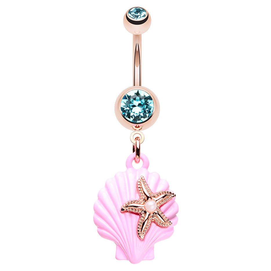 Pink Beach Themed Rose Gold Plated Shell Dangly Belly Ring. 14g, 10mm ...