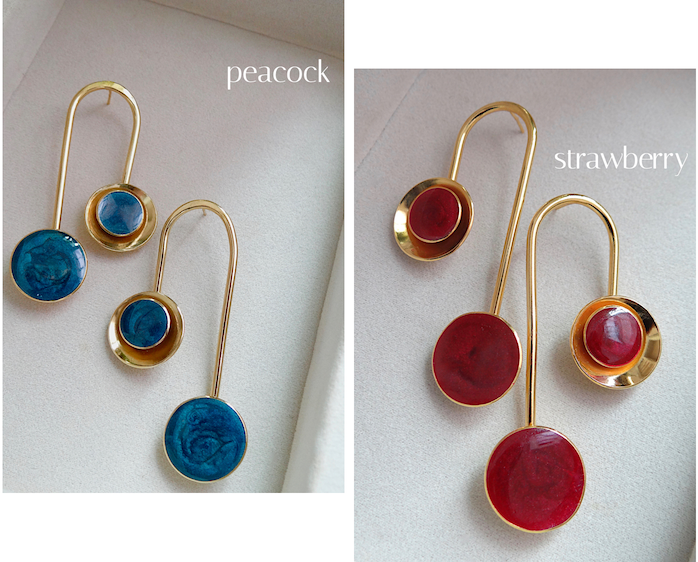 zivanora culla collection gold statement drop earrings in peacock blue and maroon pink