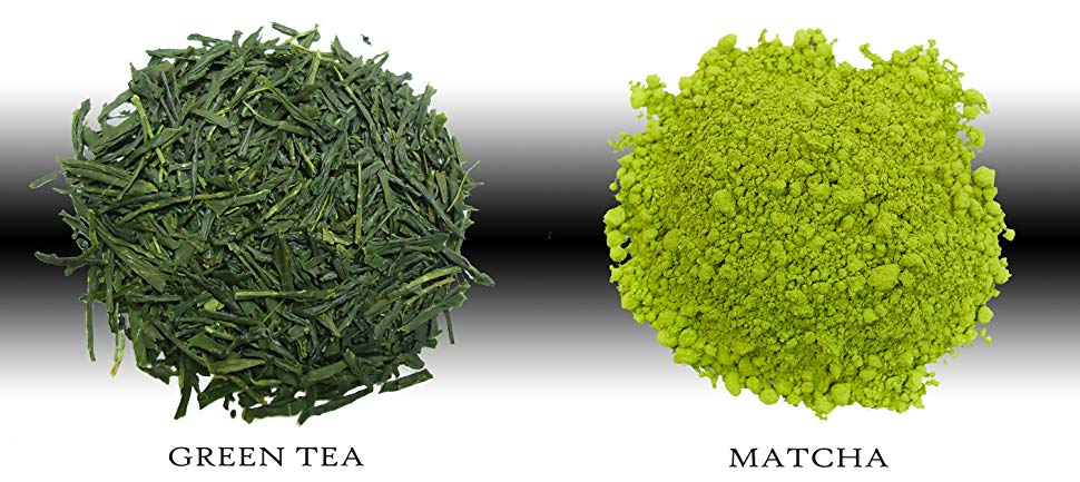 Image showing the difference between green tea leaves and matcha powder