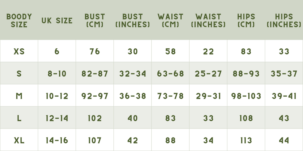 Boody underwear size chart with measurements