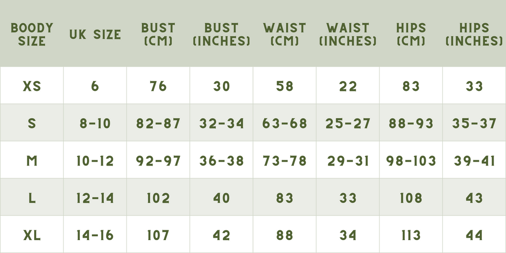 Boody women's top size chart measurements