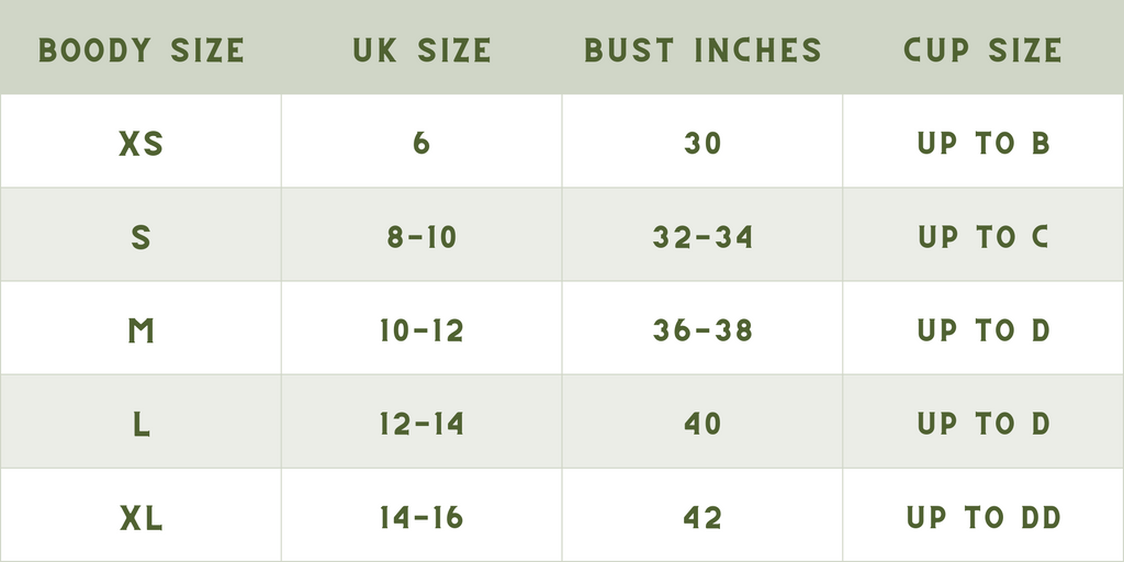 Size Chart Boody Bra