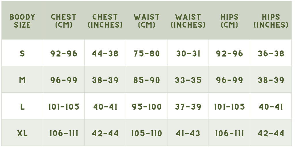 Boody men's top size chart
