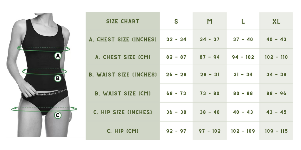 Bamboo basics size chart guide for women with diagram and measurements 