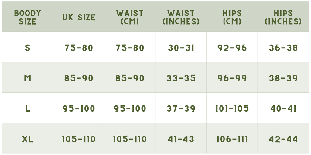 Boody Men underwear size chart