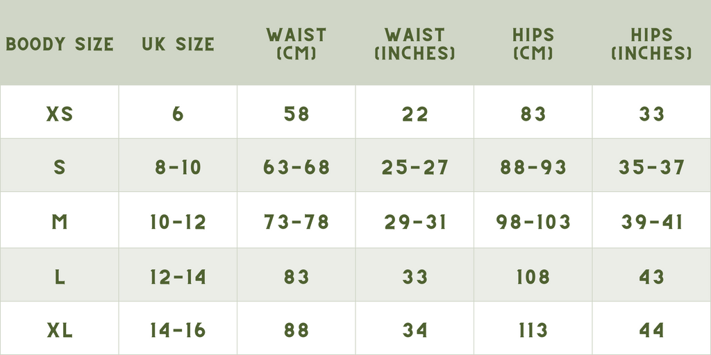 Boody size chart measurements for leggings