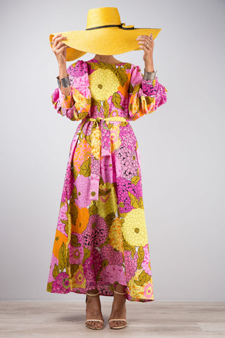 Floral kaftan with puff sleeves and belt