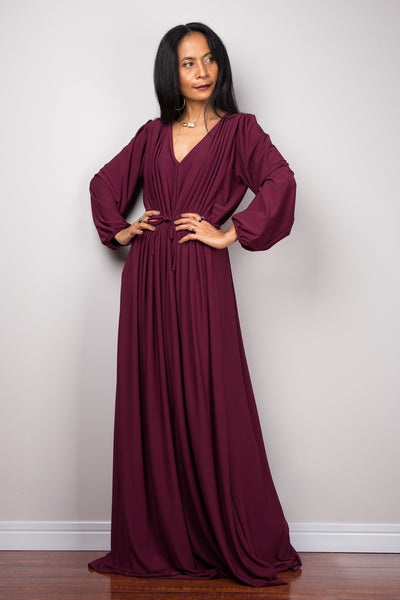 Purple maxi dress with long sleeves, Pleated purple dress – Nuichan