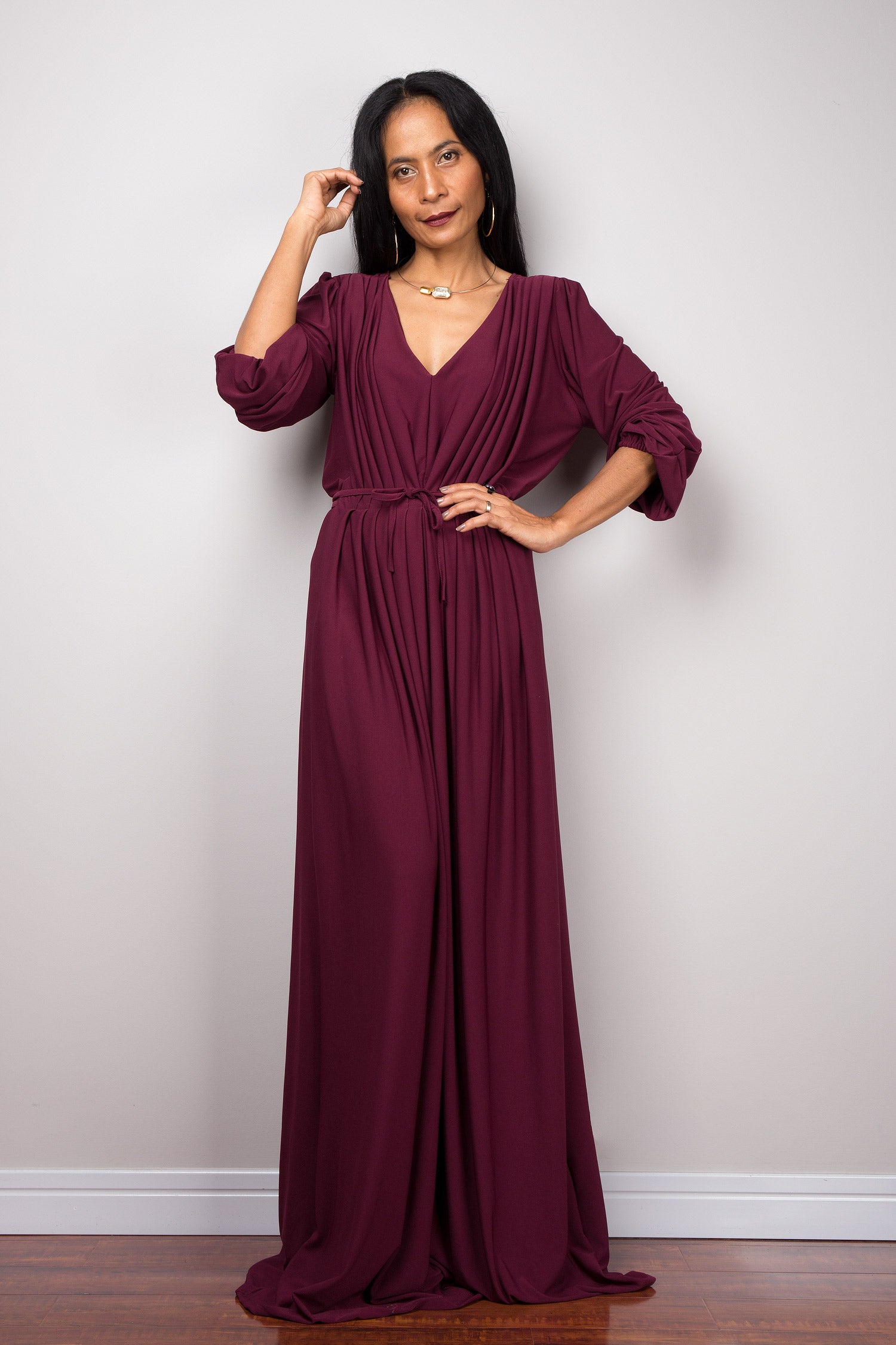 Purple maxi dress with long sleeves, Pleated purple dress – Nuichan