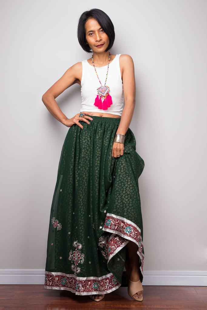 Green Saree skirt | Gathered sari maxi skirt | Long boho skirt with po ...