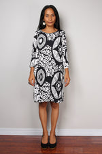 Load image into Gallery viewer, black and white dress, short dress with long sleeves, short black and white bold print dress, modest neckline dress, above the knee dress by Nuichan
