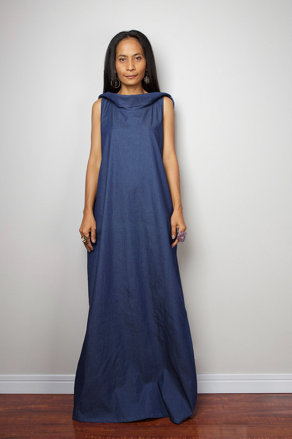 Denim Dress / Sleeveless Blue Dress with hood / Long Blue Denim Dress ...