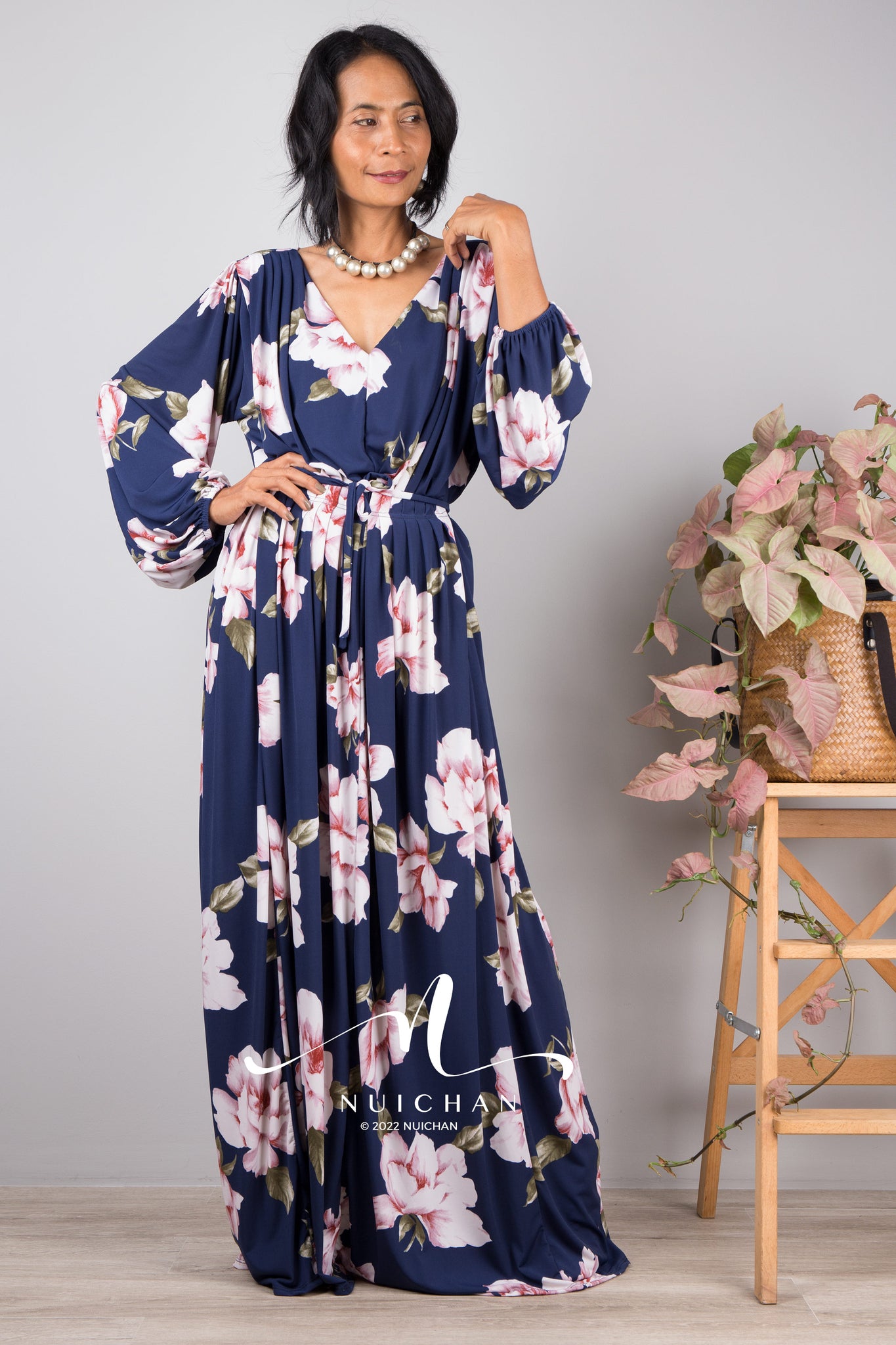 Nuichan women's maxi dress, boho chic print with long sleeves