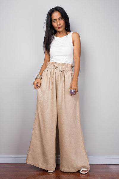 Handmade natural linen long wide leg palazzo pants with pockets. Beige ...