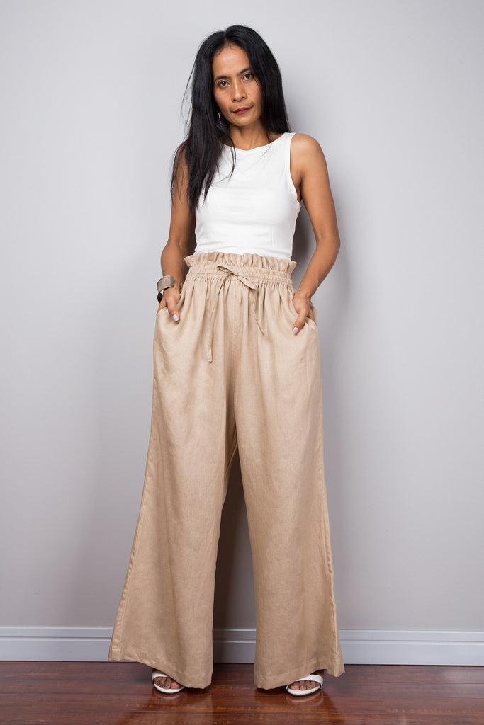 Handmade natural linen long wide leg palazzo pants with pockets. Beige ...