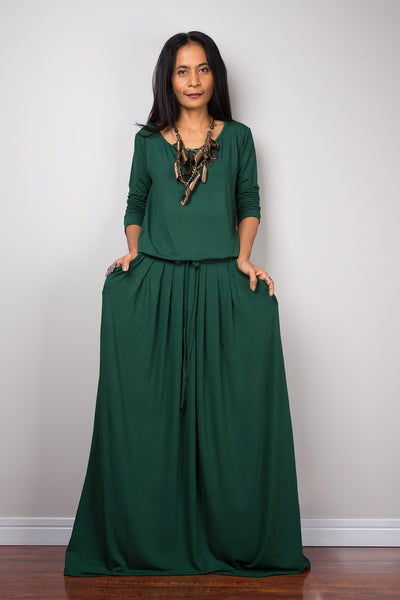 Green maxi dress, long sleeve green dress with pockets : Autumn Thrill ...