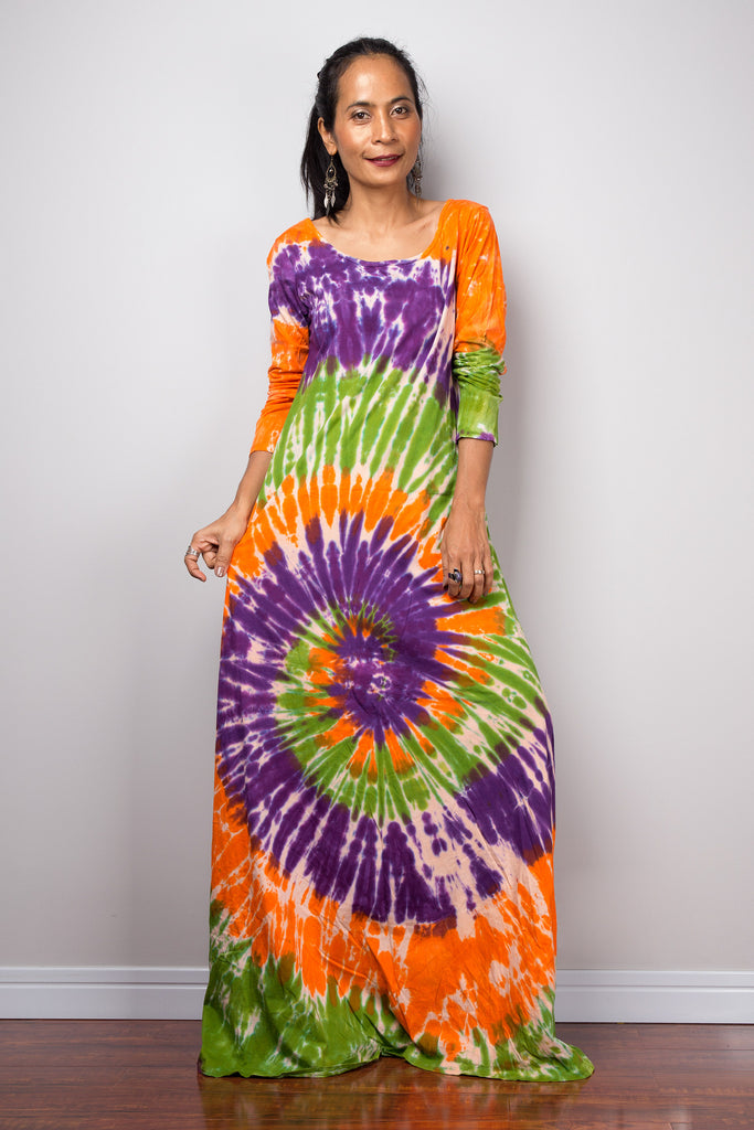 Tie dye swirl dress, Hippie Festival maxi dress, Long Sleeve Rainbow d ...