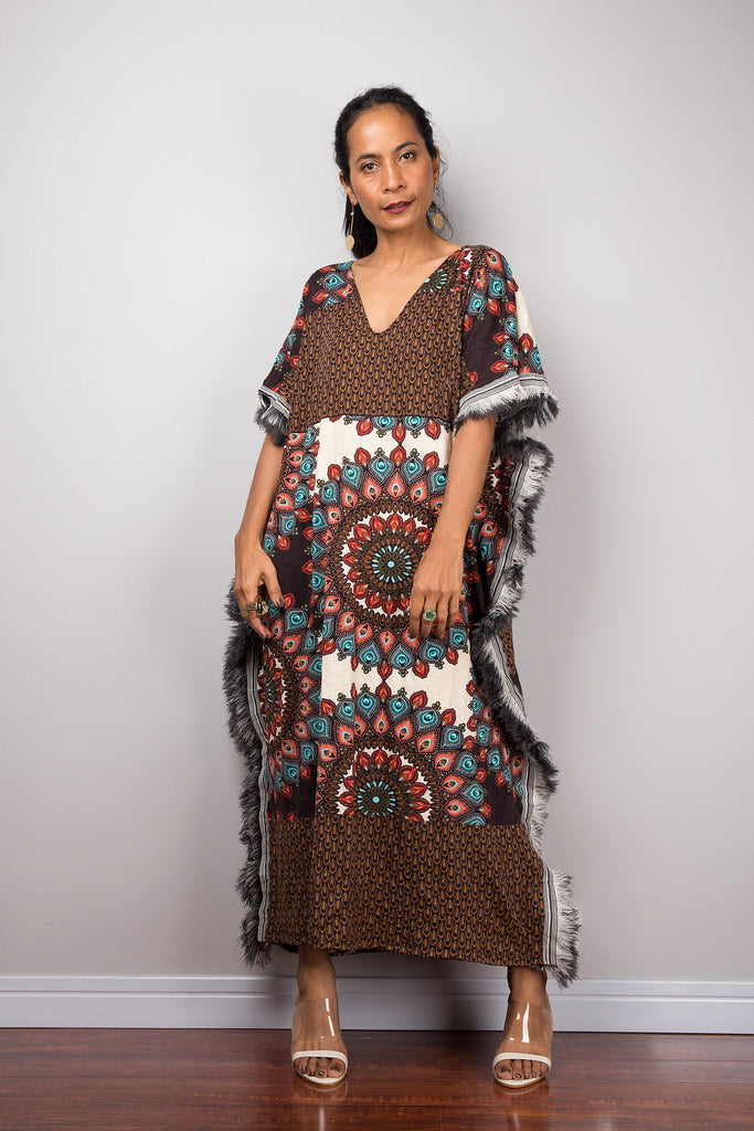 Bohemian Midi Kaftan Dress, Boho beach cover with fringe – Nuichan
