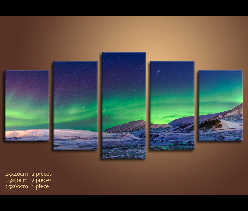 5 Pieces Canvas Art Aurora Borealis Snow Mountains Night Sky Large Canvas Prints Wall Art Nature Painting Awesomever