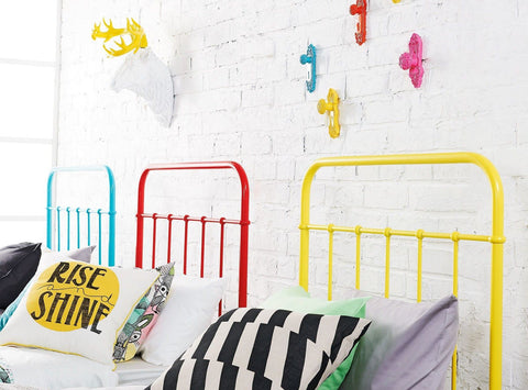 Fun colored headboards and wall hooks red, blue, yellow