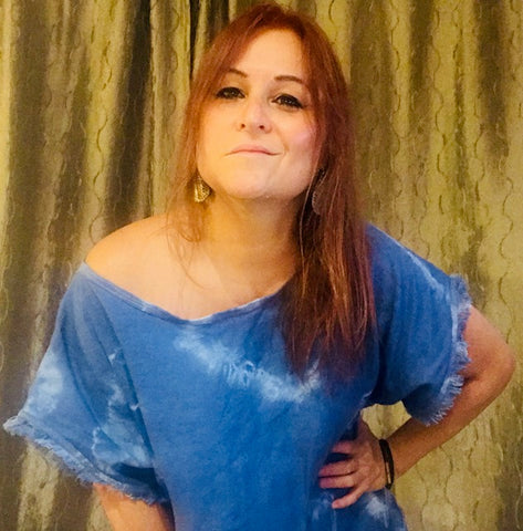matilde caceres laughing and modeling blue tie dye tunic
