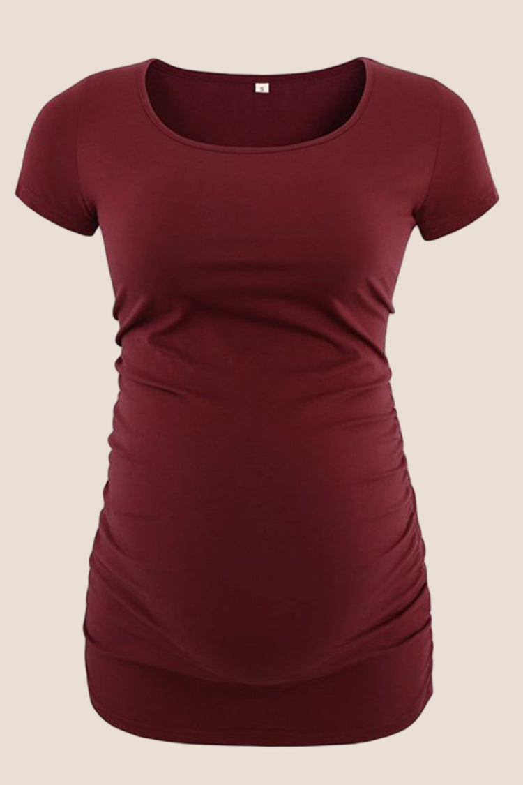Wine Red Pregnancy Short Sleeve Tees Scoopneck Maternity Tops_3D front view