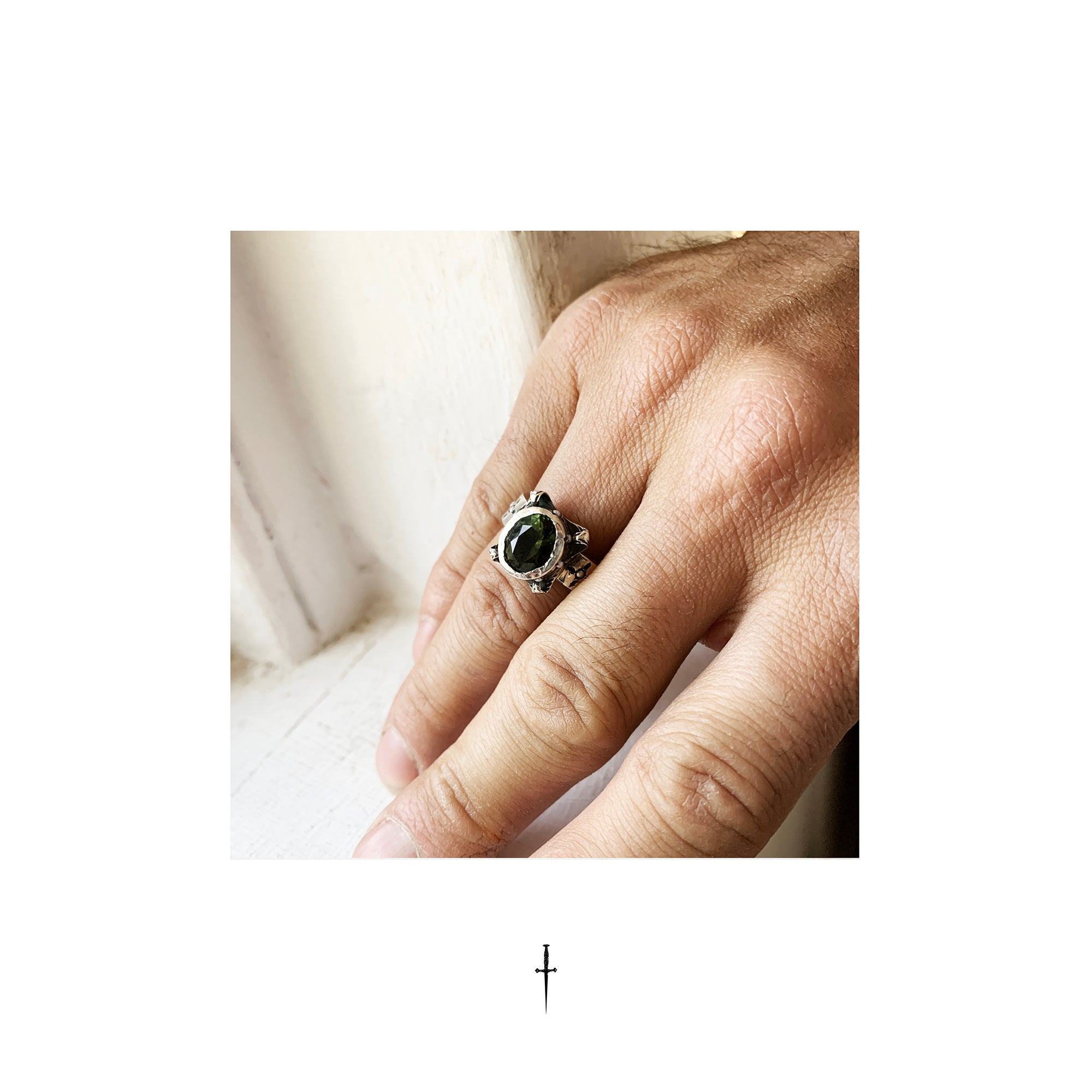 MOLDAVITE WITH STUDDED SEED PEARL KING RING