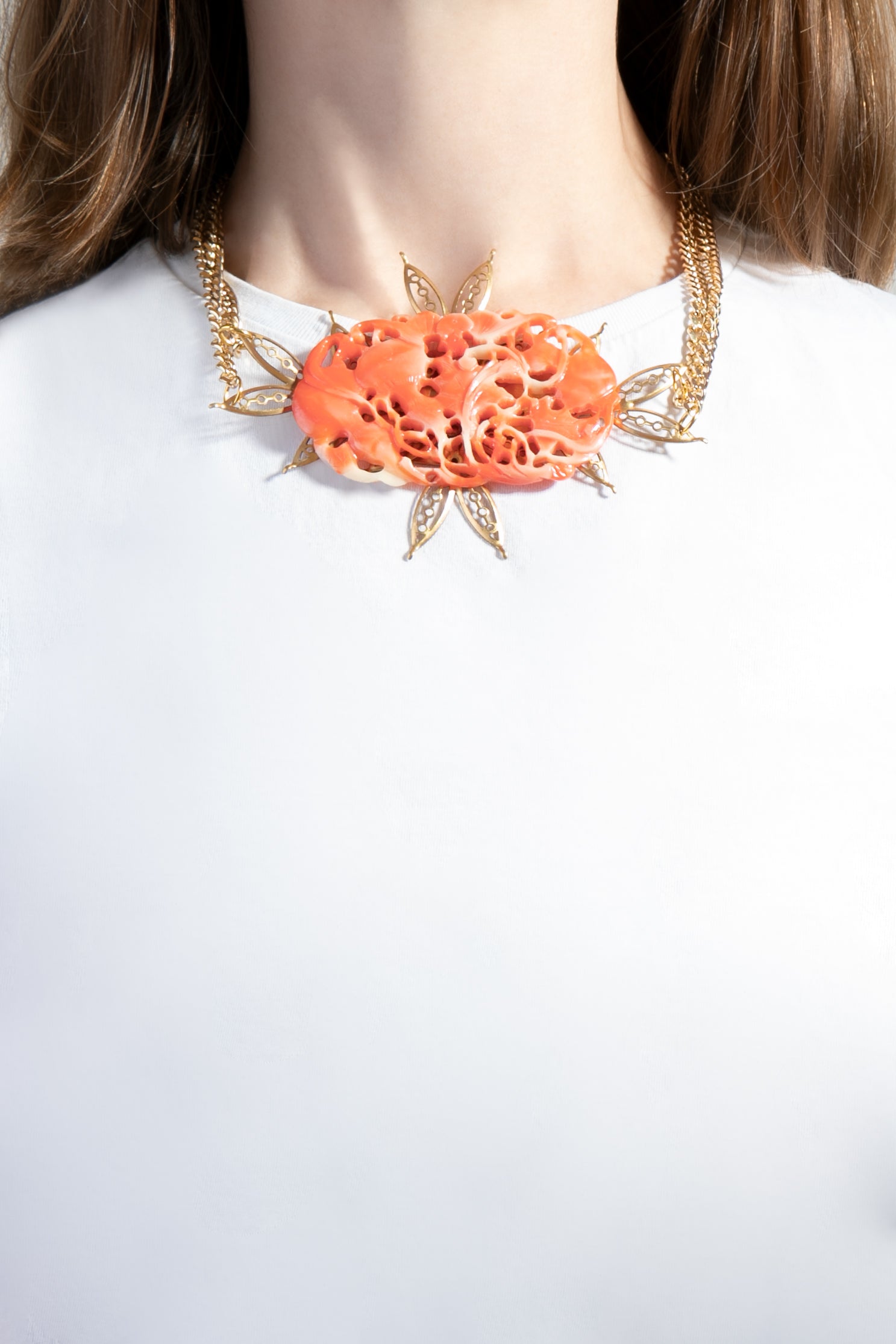 Image of Angie, faux coral intricate pendant chain necklace