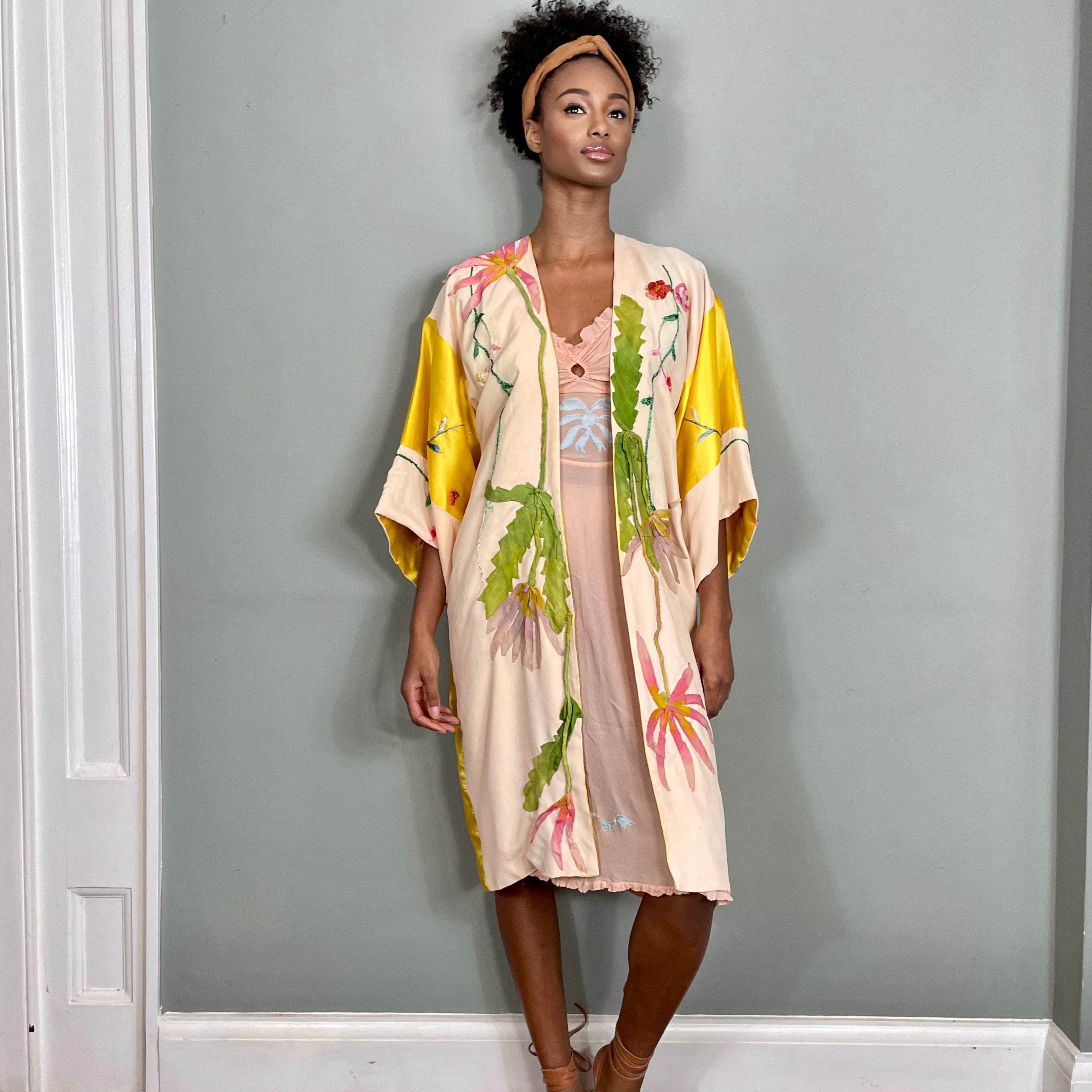 Image of Zoe, floral yellow embroidered kimono