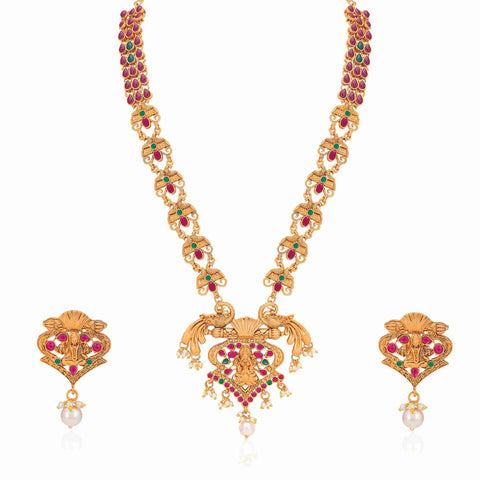 Amazing Pearl Gold Plated Goddess Temple Jewellery Long Haram Necklace Set