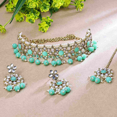 Aqua Green Choker Floral Necklace Set