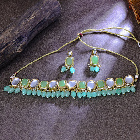 Delightful Gold Plated Green Color Stone Choker Necklace