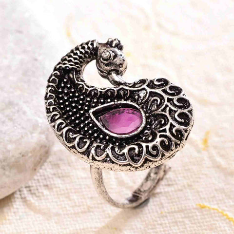Glorious Silver Peacock Oxidised Pearl Ring