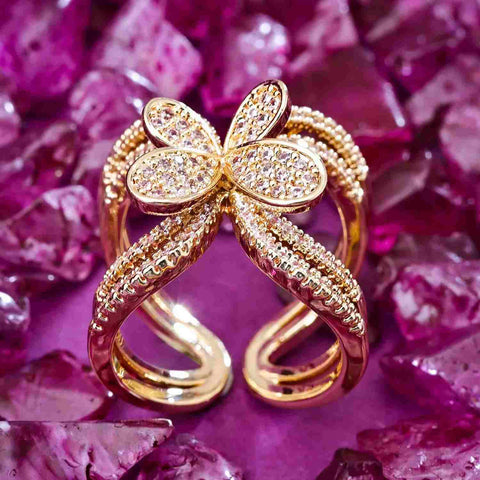 Glossy Golden Butterfly Gold Plated CZ Ring