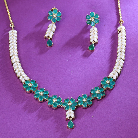 Glossy Green And White Austrian Stone Gold Plated Traditional Necklace Set