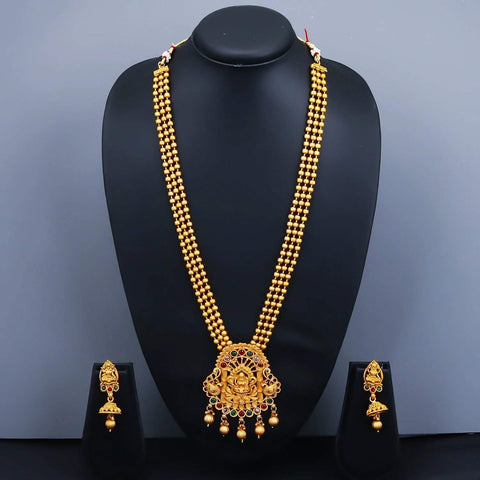 Goddess Laxmi Gold Plated Long Temple Necklace Set 