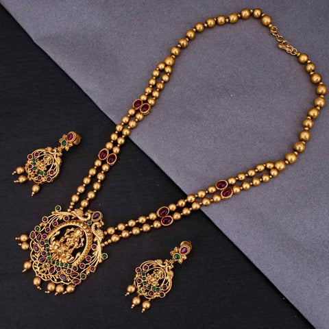 Goddess Laxmi Gold Plated Pearl Long Temple Necklace Set